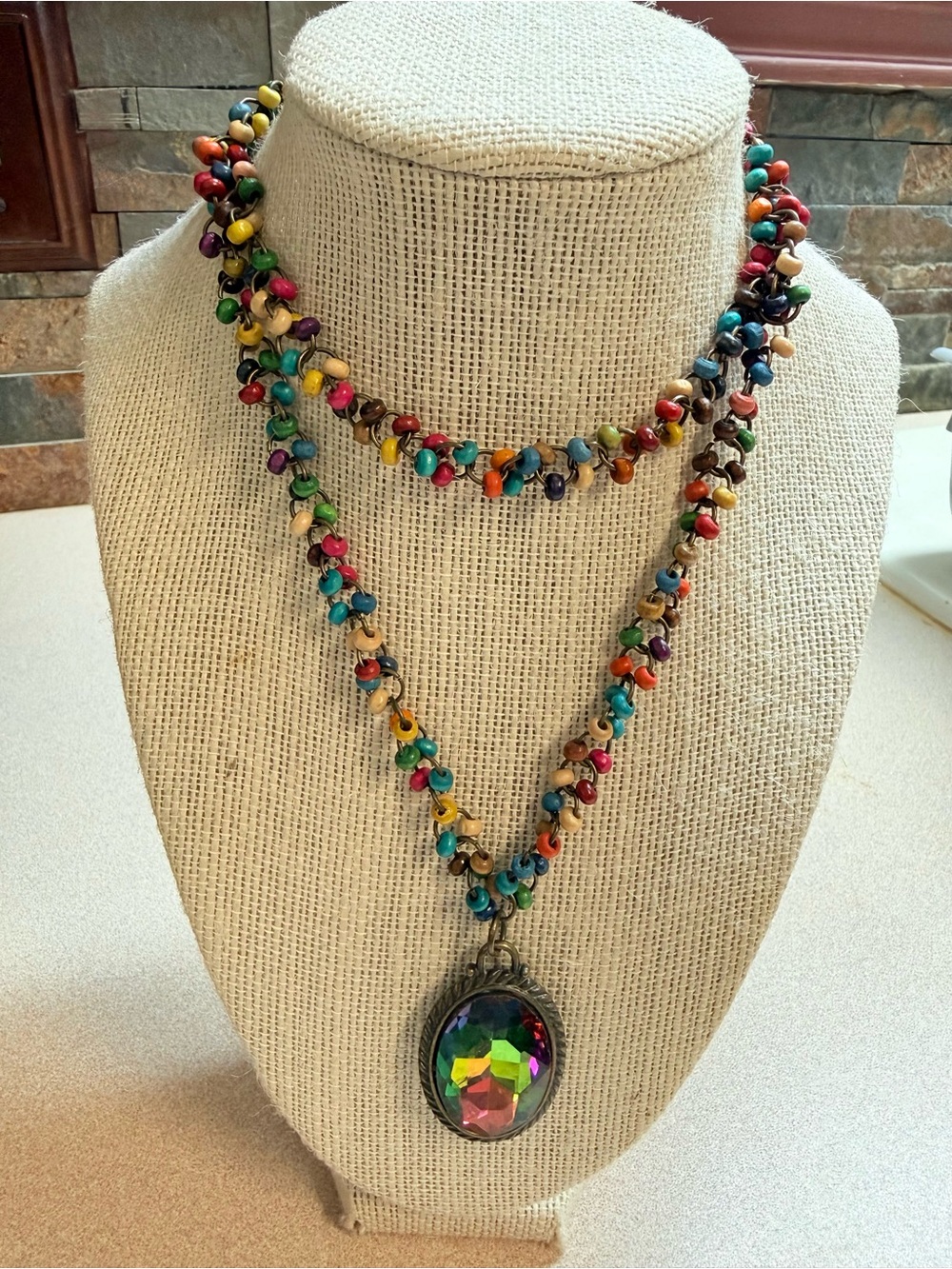 Vintage Boho Multi-Strand Rainbow Beaded Necklace with Faceted Crystal Pendant
